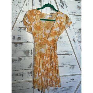 XIX Palms Madagascar Floral Party Mini Wrap Ruffle Tropical Dress M Orange White